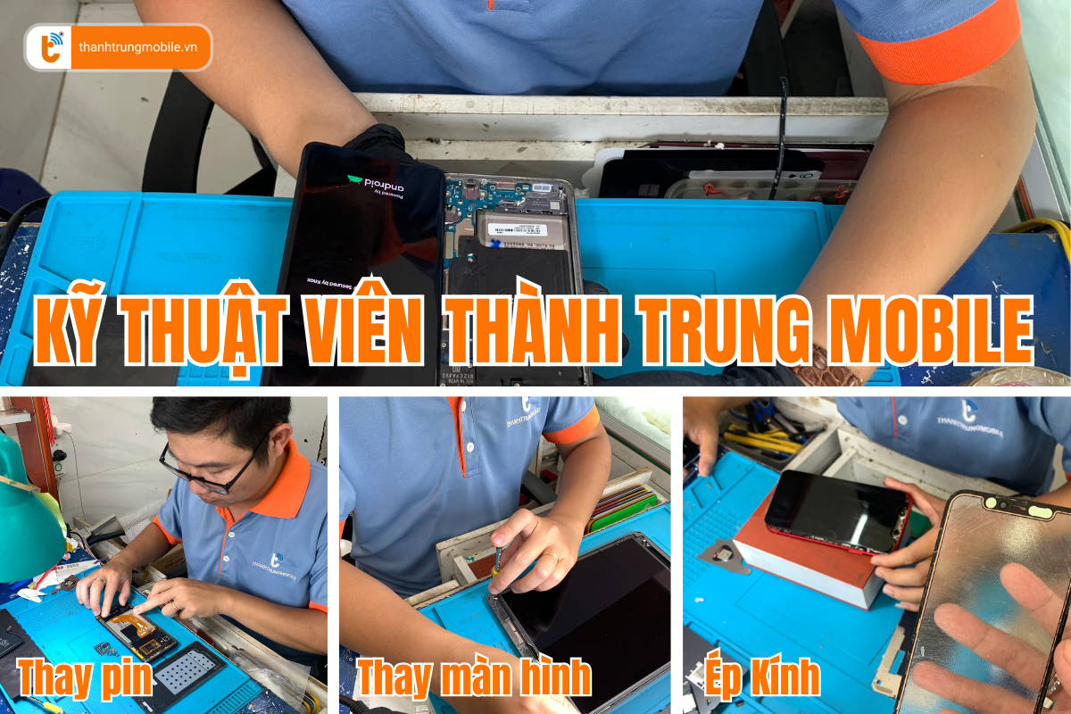 Kỹ thuật viên thay pin tại Thành Trung Mobile